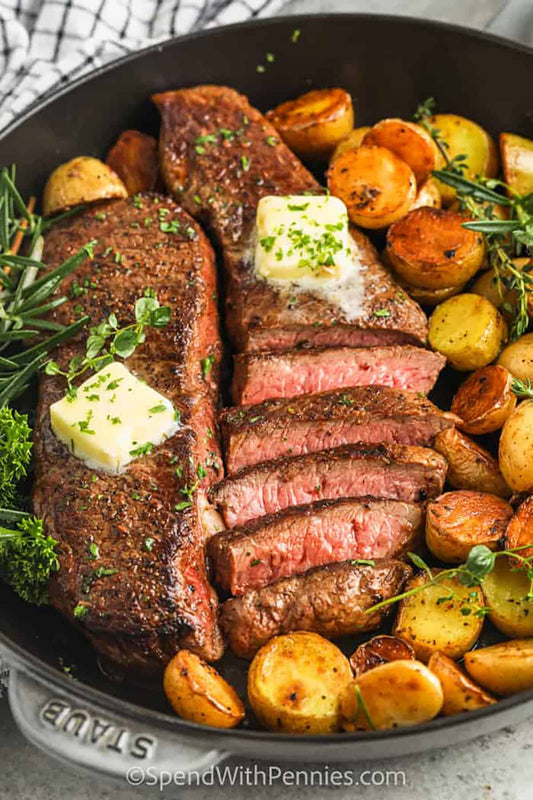 Main- Sliced Porterhouse Steak with Pepperonata and Crash Bang Potatoes (gf, df)
