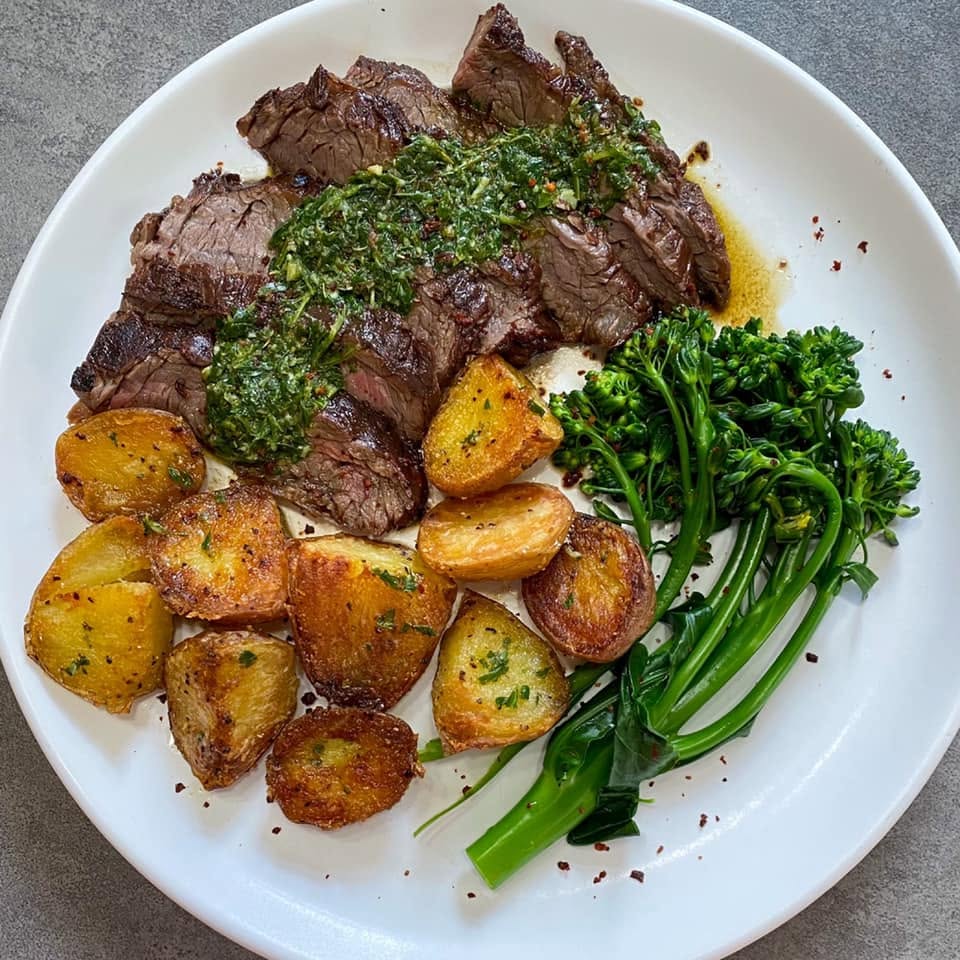 Main: Chargrilled Peppered Flank Steak with Chimichurri, Crash Bang Potatoes and Broccolini (gf)