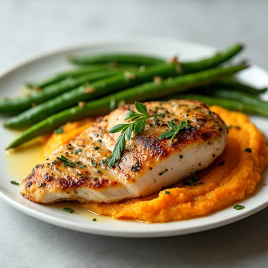 Main -  Chermoula Chicken with Sweet Potato Mash, Green Beans and Charred Zucchini (gf)