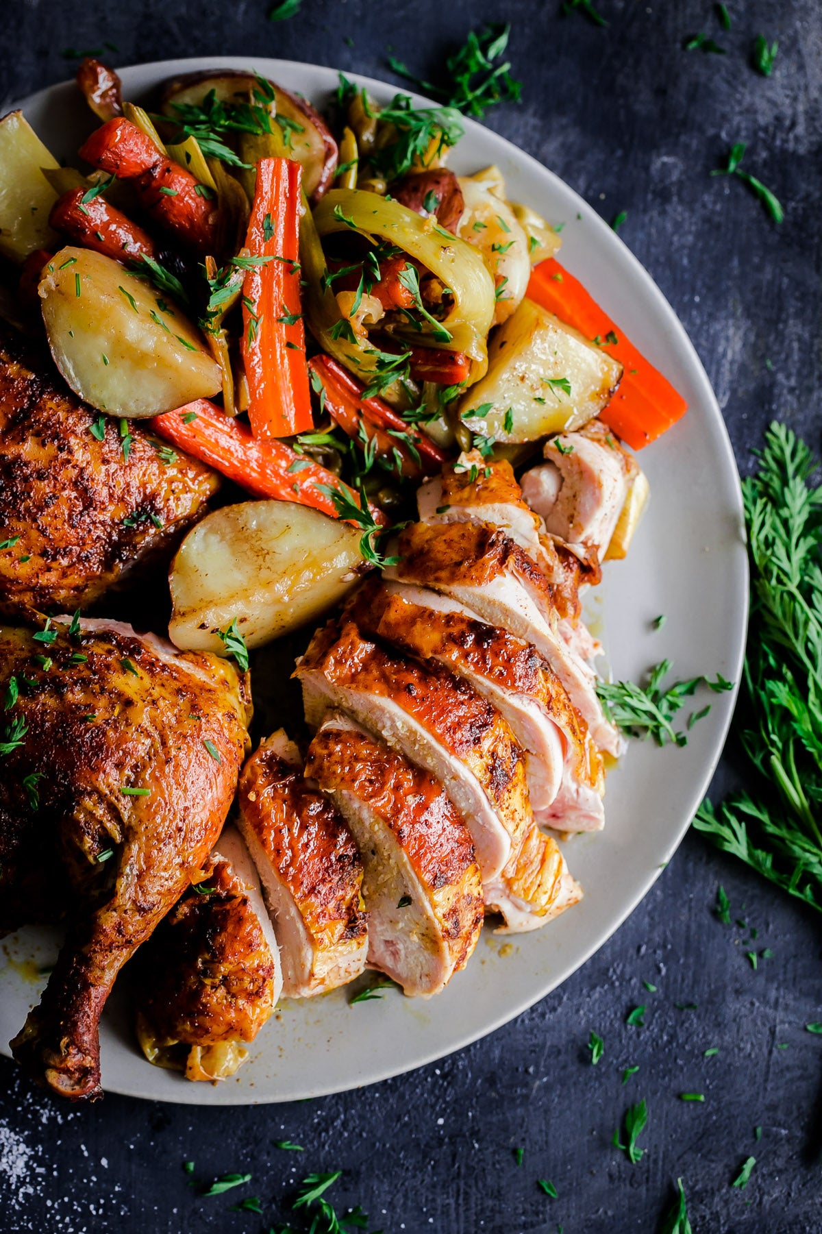 Main - Oregano and Garlic Chicken Maryland with Roasted Potatoes, Carrots and Pumpkin (GF)