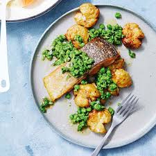 Main - Oven Roasted Salmon with Crash Bang Potatoes, Peas and Beurre Blanc Sauce (gf)