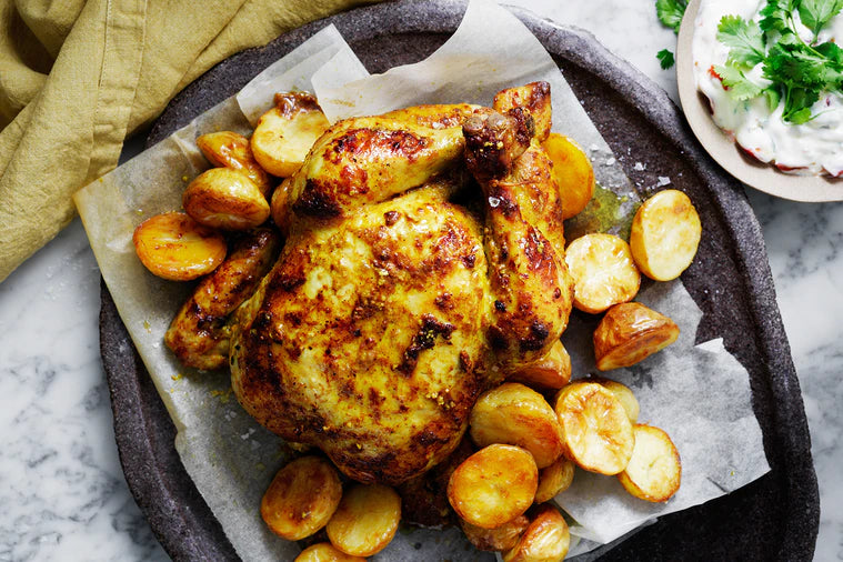 Main - Empire Roasted Chicken with Onion Jus, Bombay Spiced Potatoes and Broccolini