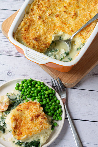 Main: Creamy Fish and Prawn Pie with Sweet Pea and Potato Topping