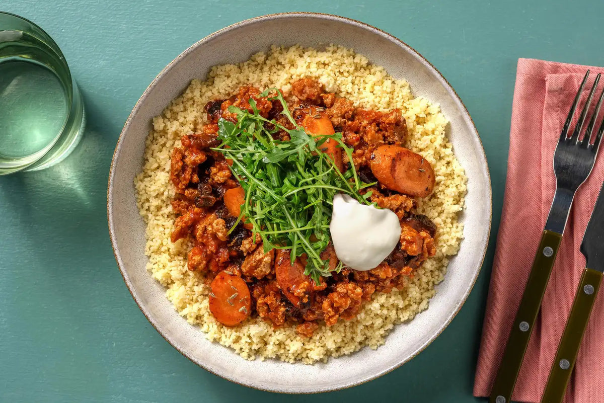 Main - Lamb Keema with Herbed Couscous, Broccolini and a Tomato Harissa Sauce (df)
