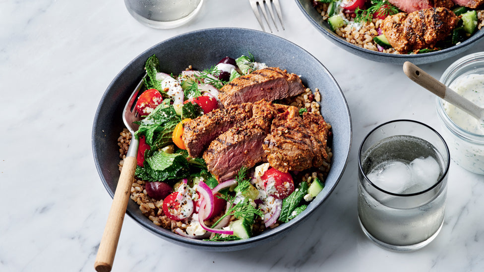 Main - Lamb Souvlaki with Roasted Vegetables and Brown Rice, Herbed Yoghurt (gf)