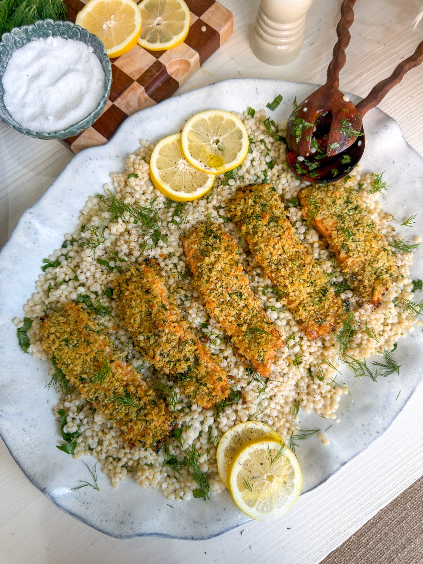 Main - Panko Crumbed Salmon with Creamy Israeli Couscous, Mushroom and Baby Spinach
