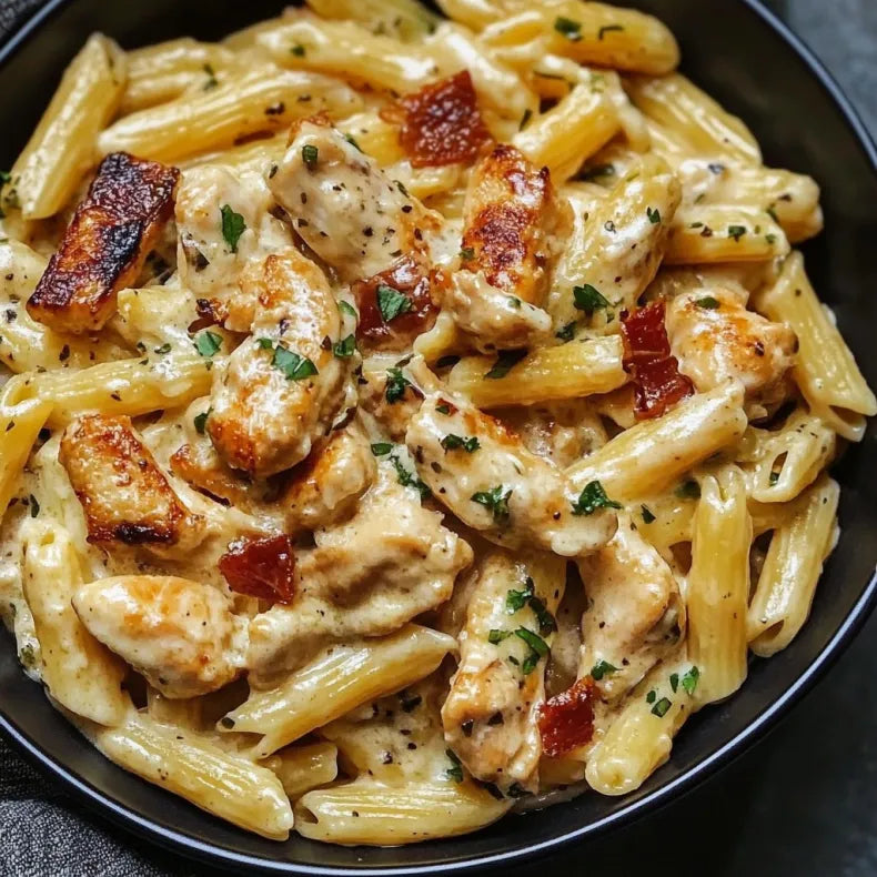 Pasta - Penne Pasta with Chicken, Bacon and Mushroom in a Creamy Garlic Sauce, Garnished with Parsley