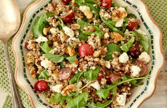 Salad: Quinoa, Red Grapes, Rocket, Roasted Capsicum and Chopped Walnuts, Feta Salad (GF, Veg)