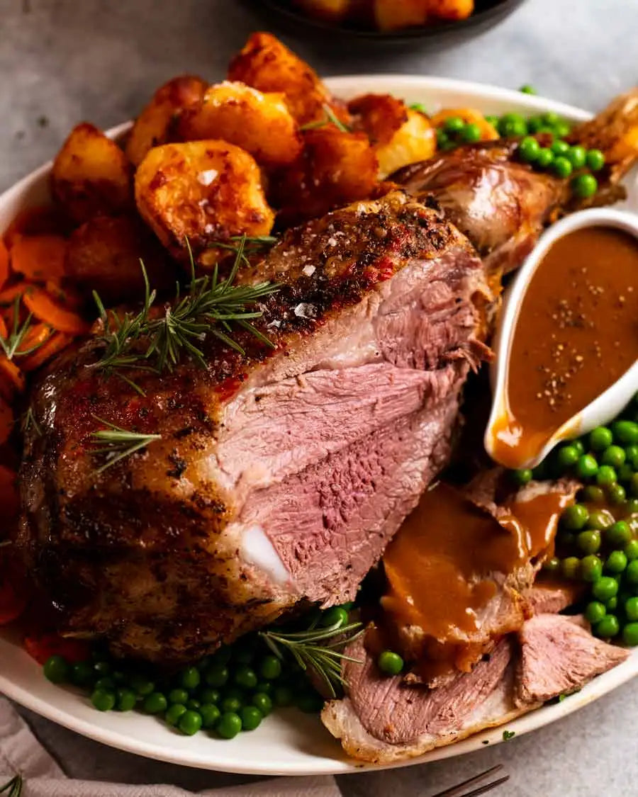 Main Course - Roast Lamb with Pumpkin, Potato, Peas, The Caterers Gravy & Mint Sauce (gf, df)