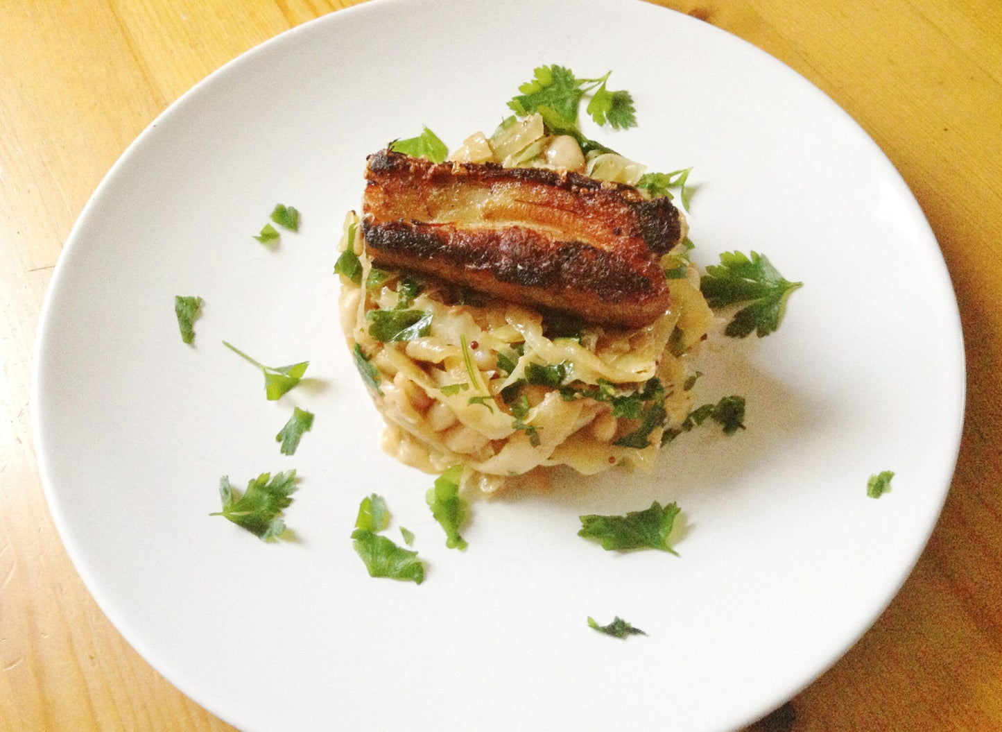 Main - Roasted Pork Belly with Seeded Mustard, Creamy Bacon Cabbage, Roasted Potatoes and a Spiced Brown Sugar Glaze (gf)