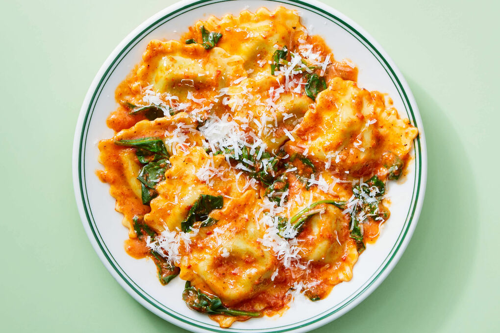 Pasta - Spinach and Ricotta Ravioli in Napolitana Sauce and Grana Padano