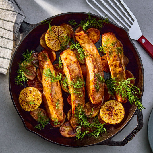 Main: Sumac Salmon with Lemon Potatoes & Broccoli Tabouli (gf)