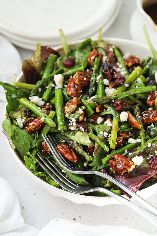 Christmas - Charred Asparagus, Blanched Green Beans, Toasted Walnuts, Dried Cranberries, Pickled Red Onions and Feta Salad with a Citrus Mustard Dressing (gf, veg)