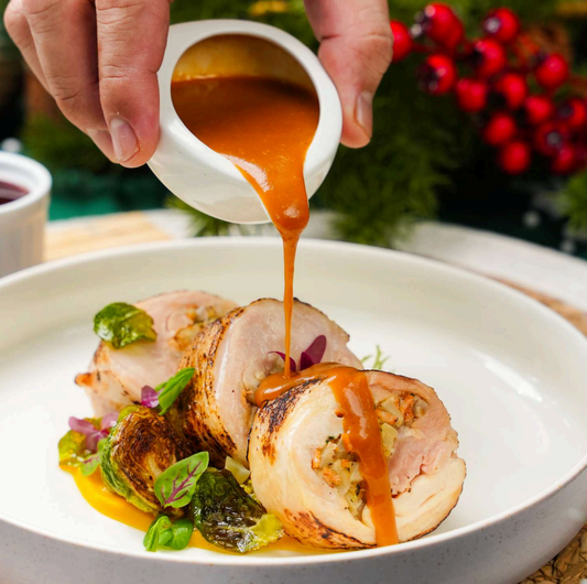 CHRISTMAS MENU - Chicken Roulade Filled with Apricot, Sweet Apple and Baby Spinach, Wrapped in Prosciutto (gf)