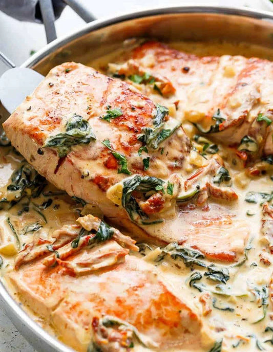 Main - Garlic and Butter Salmon with Pilaf Rice and Creamed Spinach (gf)