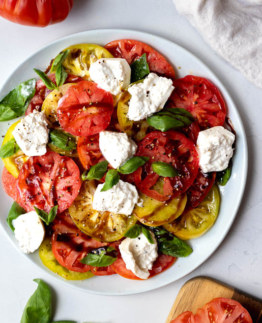 CHRISTMAS MENU - Heirloom Tomato, Fresh Herbs, Shallots with Creamy Burrata and Balsamic Dressing (gf, veg)