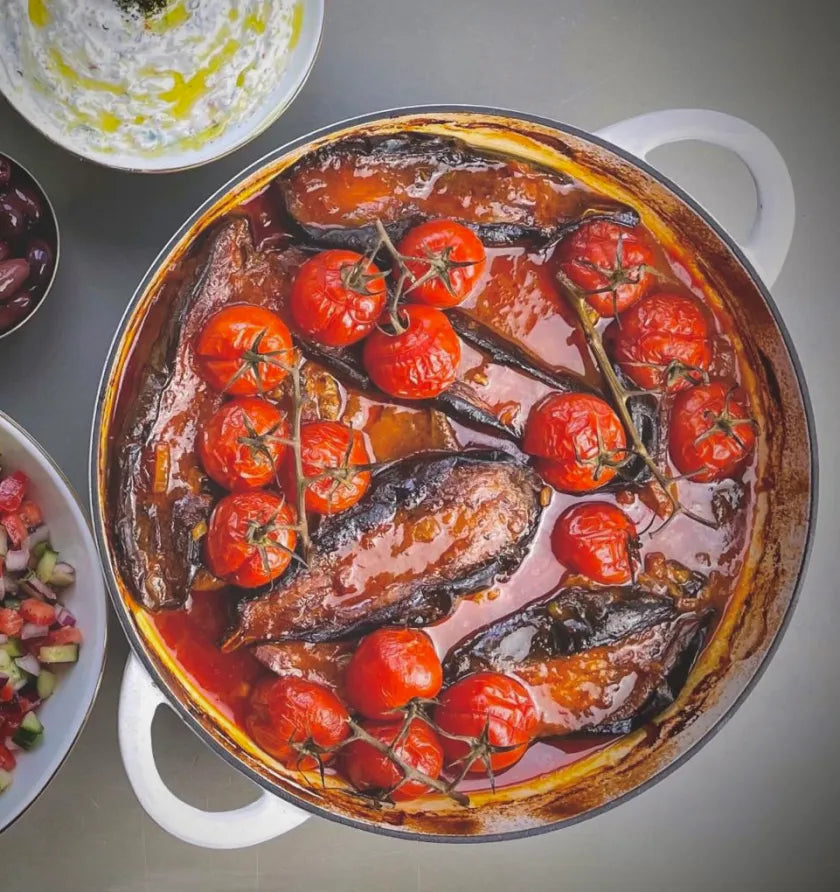 Main - Persian Slow Cooked Lamb with Herbed Rice and Slow Cooked Eggplant and Roasted Cherry Tomatoes (gf, df)