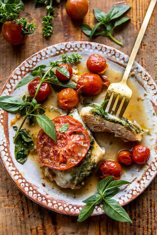 Main - Pesto Caprese Chicken with White Wine Sauce & Roasted Potatoes (GF)