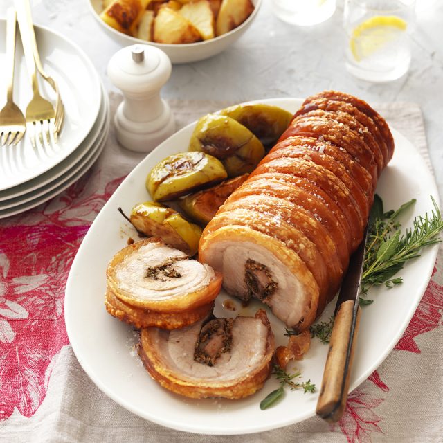 Main - Italian Porchetta with Roasted Potatoes, Green Beans and Pumpkin with a Salsa Verde (gf, df)