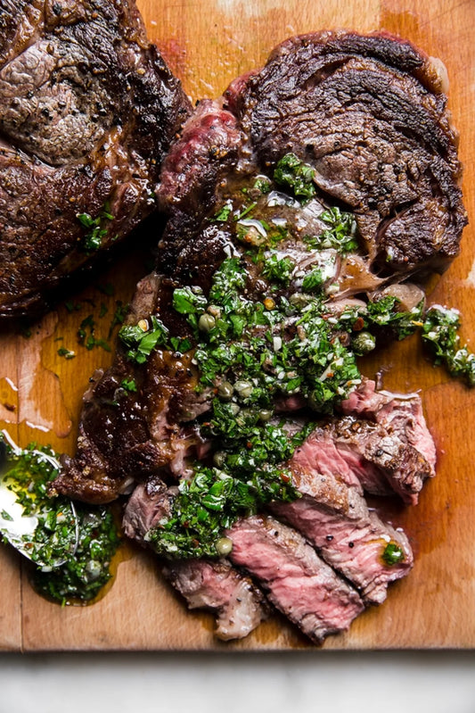 Main - Porterhouse Steak with Salsa Verde, Roasted Potatoes & Herbed Broccolini (DF, GF)