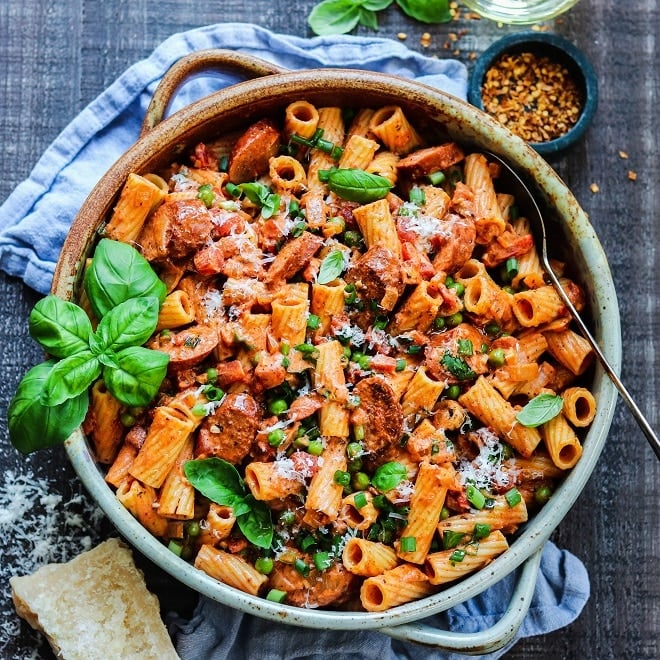 Pasta - Rigatoni Pasta Alla Vodka Sauce with Pork Sausage and Capsicum, Shaved Grana Padano