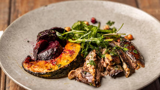Main - Rosemary and Juniper Roasted Lamb Shoulder with Roasted Balsamic Beetroot and Spiced Pumpkins, Mint Salsa (gf, df)