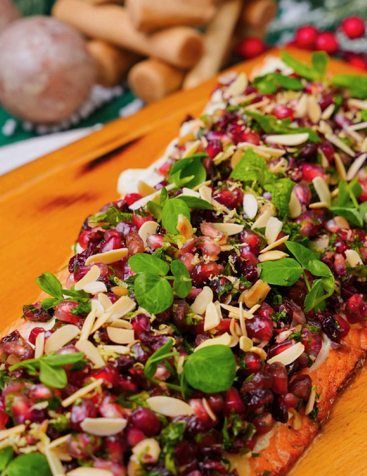 CHRISTMAS MENU - Honey Butter Side of Salmon, Creamy Dill Sauce and Holiday ‘Tapenade’, Pomegranate Pearls (gf, df) – contains nuts)