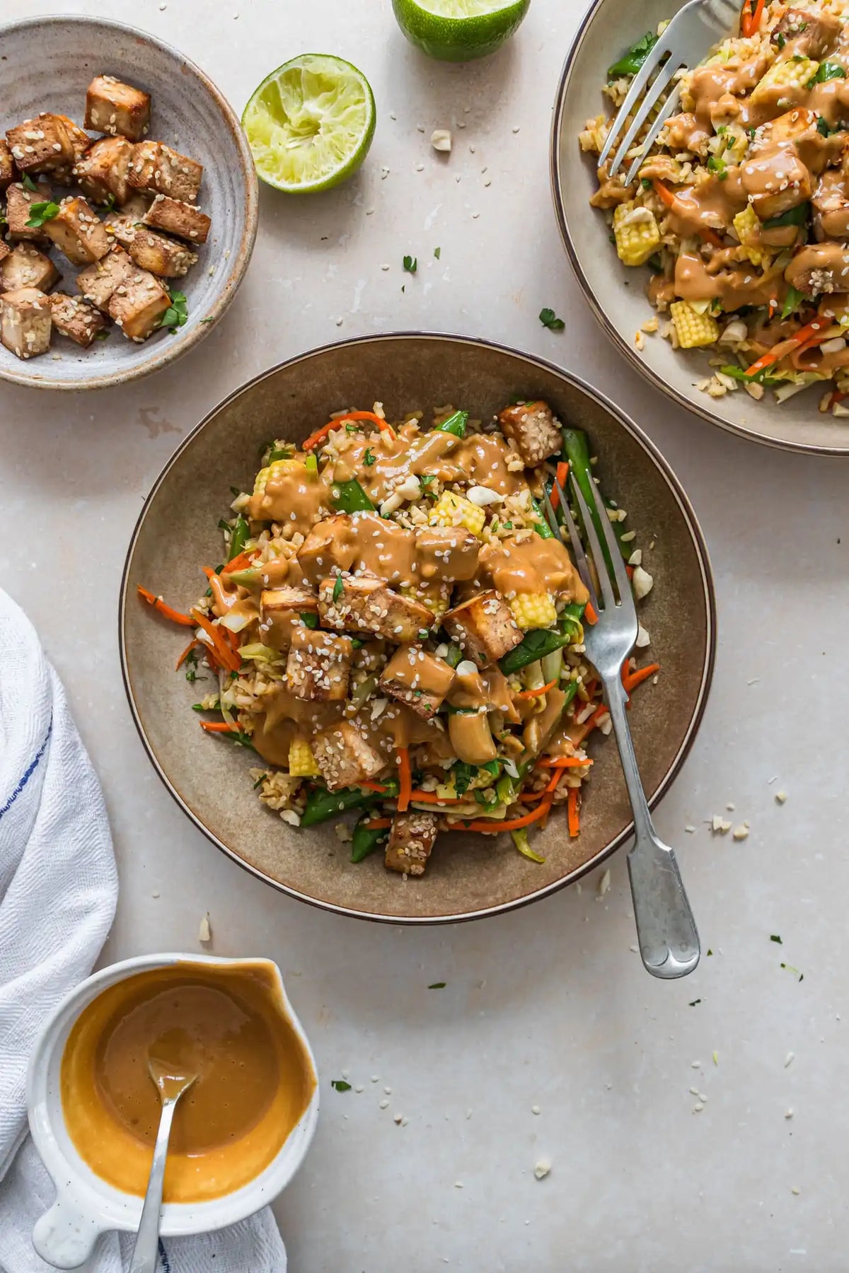 Main - Satay Tofu with Fried Rice and Peanut Sauce (gf, df, vegan)