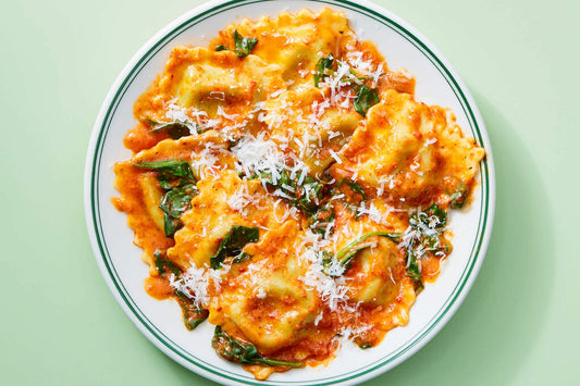 Pasta - Spinach and Ricotta Ravioli in Napolitana Sauce and Grana Padano
