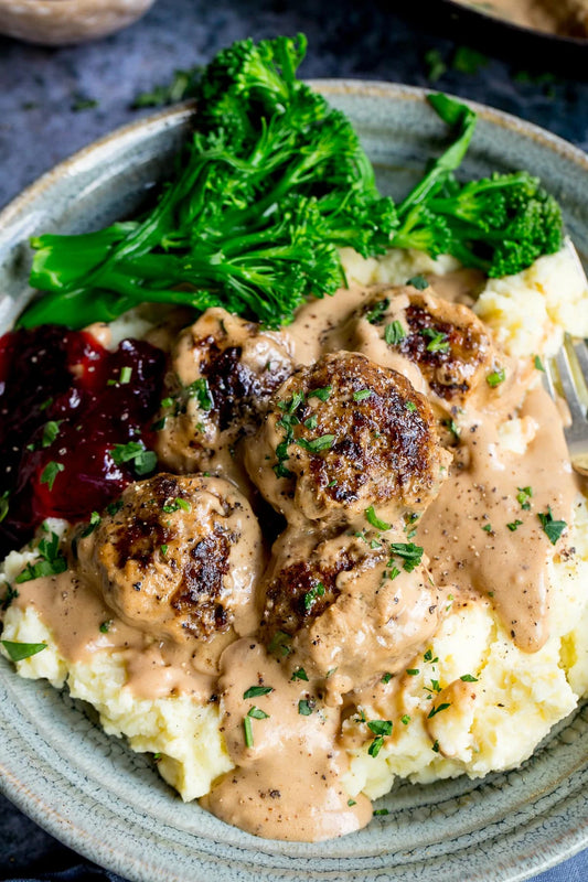 Main: Swedish Meatballs with Creamy Mash, Broccolini and The Caterers Gravy