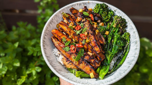 Main - Teriyaki Eggplant with Steamed Rice and Charred Broccolini, garnished with Sesame Seeds and Spring Onion (gf, vegan)