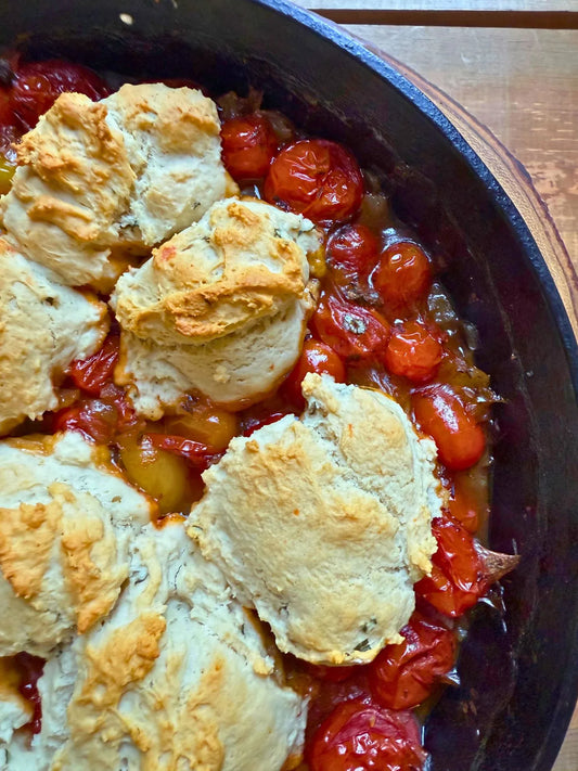 Main: Tomato cobbler topped with a Polenta, Buttermilk and Parmesan Crust (veg)