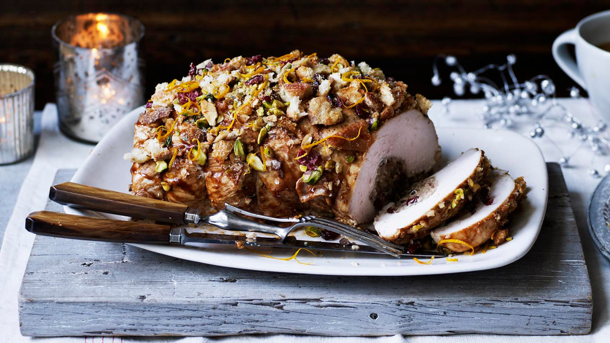 Christmas - Turkey Roll filled with Pork Sausage, Cranberry and Juniper Berries, Pistachio, Orange and Herb Crumble and Homemade Cranberry Sauce