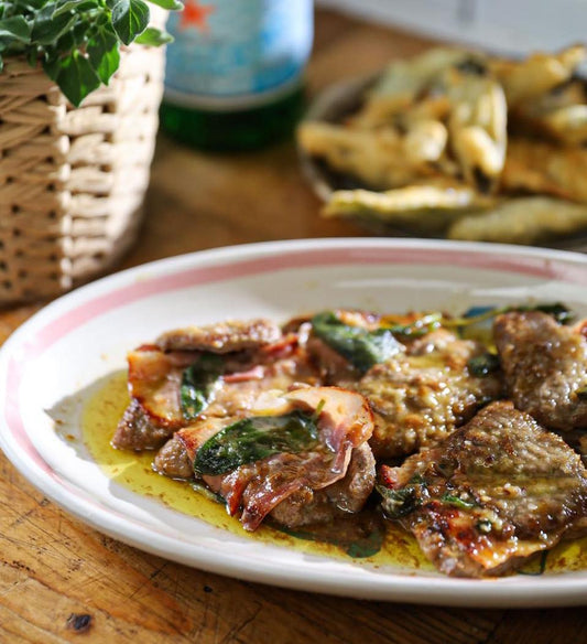 Main Course - Veal Saltimbocca with Fior De Latte, Sage, Mushroom, Prosciutto, Roast Potatoes and Broccolini (gf)