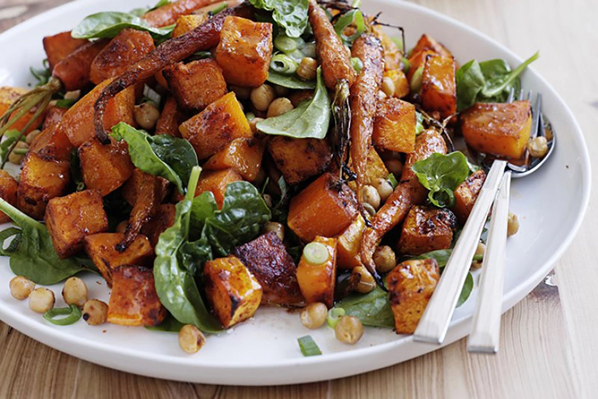 Christmas - Roasted Yellow Vegetable Salad with Chickpeas, Rocket and Citrus Turmeric Dressing (gf, vegan)