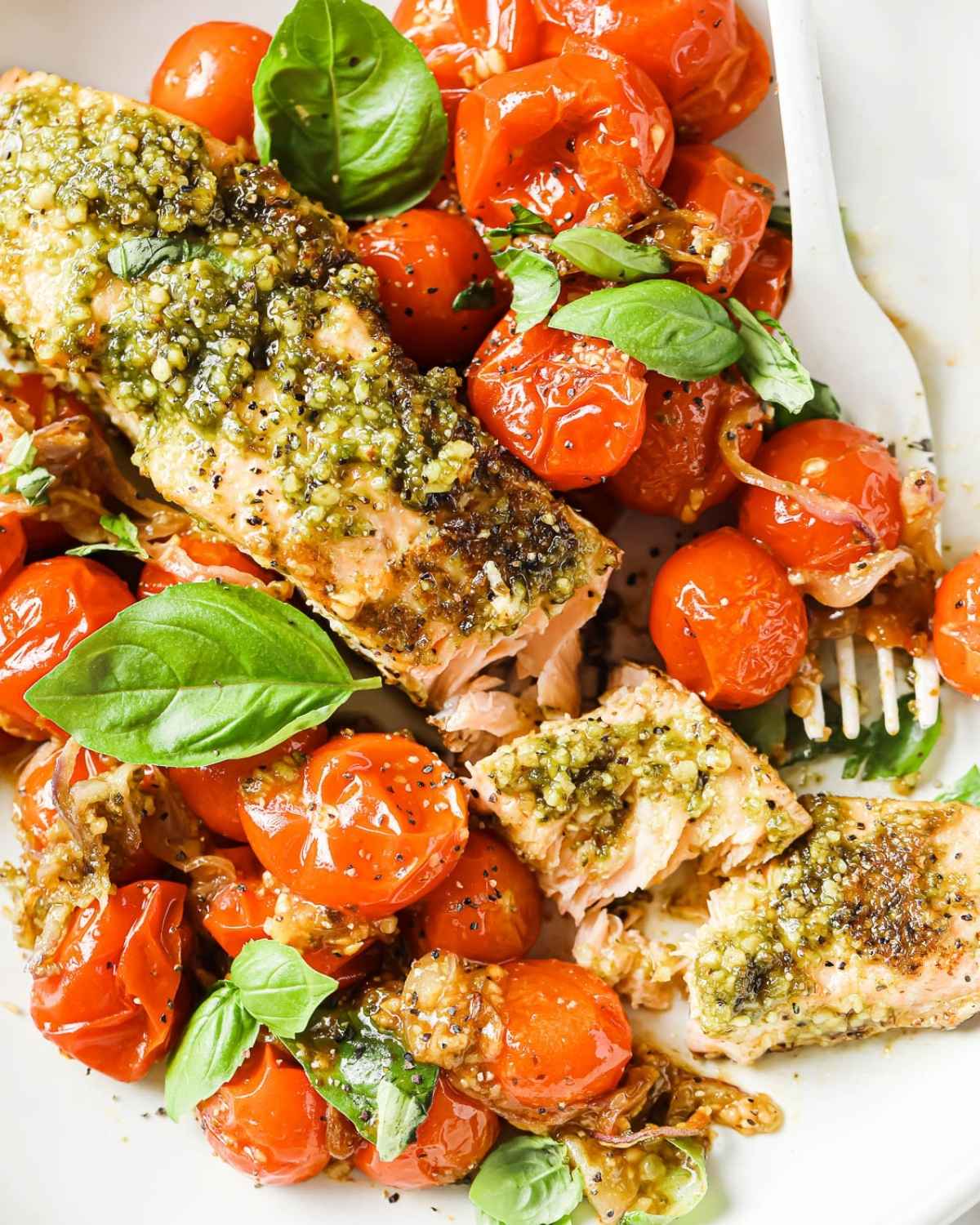 Main - Pesto Baked Salmon with Roasted Cherry Tomatoes, Zucchini, Eggplant and Red Onion (gf)