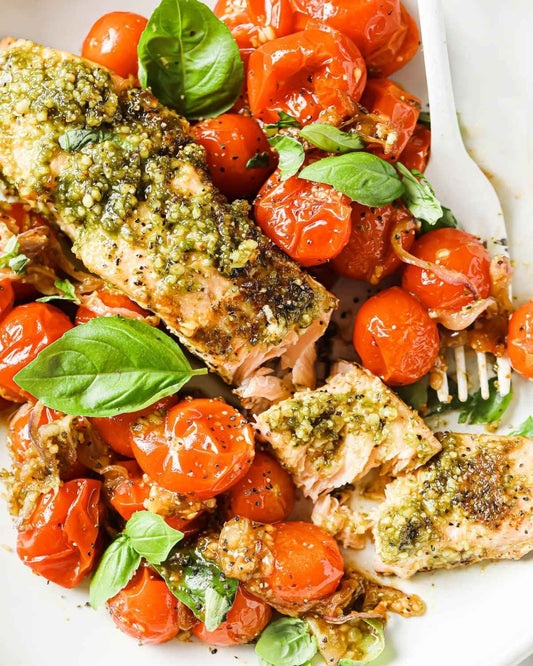 Main - Pesto Baked Salmon with Roasted Cherry Tomatoes, Zucchini, Eggplant and Red Onion (gf)