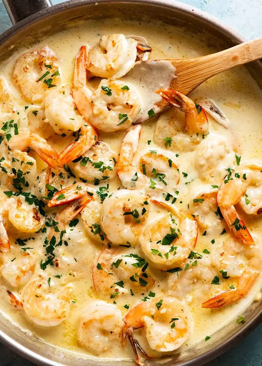 Main: Creamy Garlic Prawns with Steamed Rice and Bok Choy (gf)