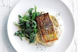 Main Course - Crispy Fish with Parsnip Mash, Creamed Spinach and Salsa Verde (GF)