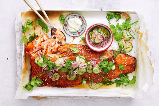 Christmas - Sticky Honey and Miso Whole Side Salmon with Pickled Cucumber, Red Onion and Herb Garnish (gf, df)
