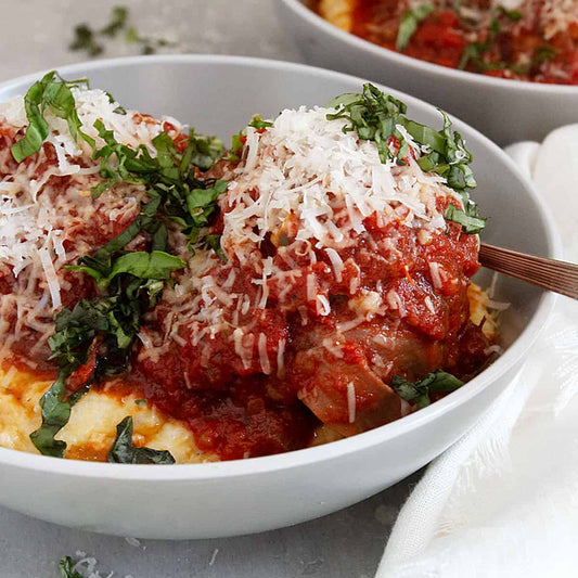 Main - Nonna’s Pork and Veal Meatballs in Homemade Napolitana  Sauce with Crispy Polenta & Green Beans