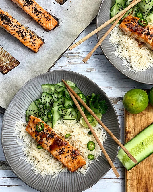 Main: Miso Salmon with Brown Rice with Pickled Cucumber Salad (gf, df)
