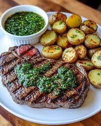 Main Course - Porterhouse Steak with Chimichurri, Crash Bang Potatoes and Broccolini (GF, DF)