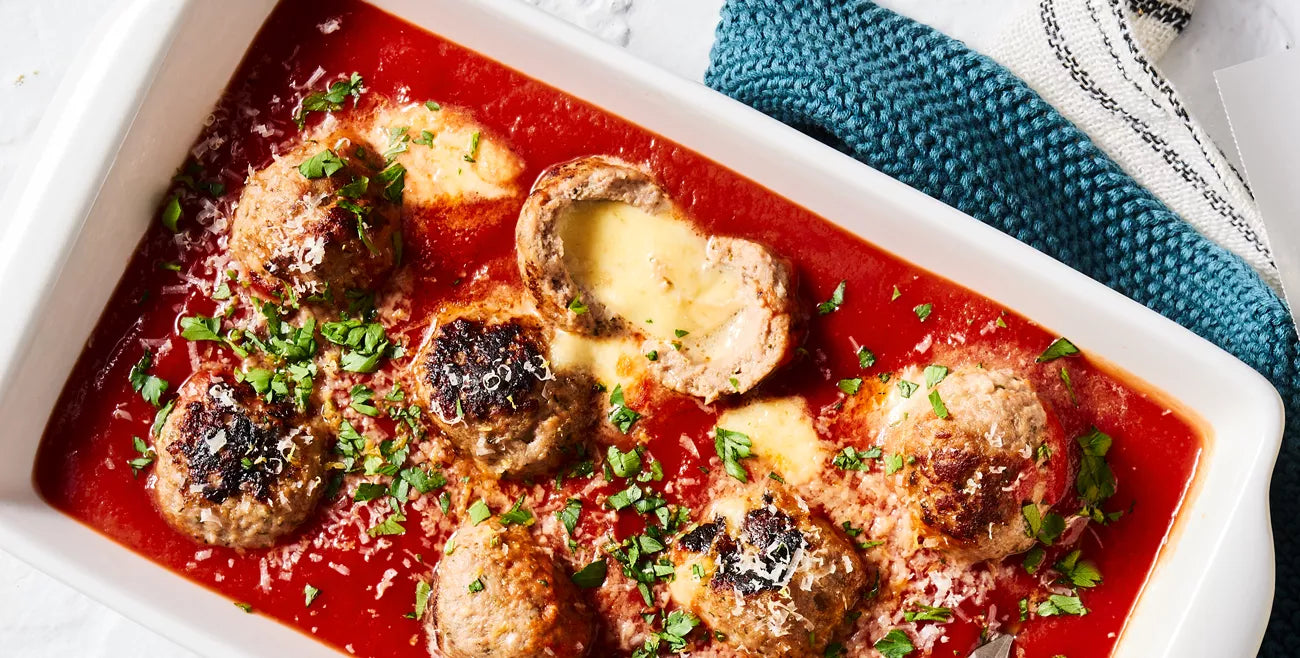 Main: Bocconcini Stuffed Meatballs with Creamy Mash Potatoes, Napolitana Sauce and Green Beans